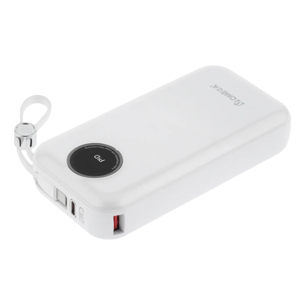 پاوربانک 22.5 وات امگا مدل PB2005 ظرفیت 20000 میلی‌آمپرساعت به همراه کابل USB-C به USB-C/لایتنینگ