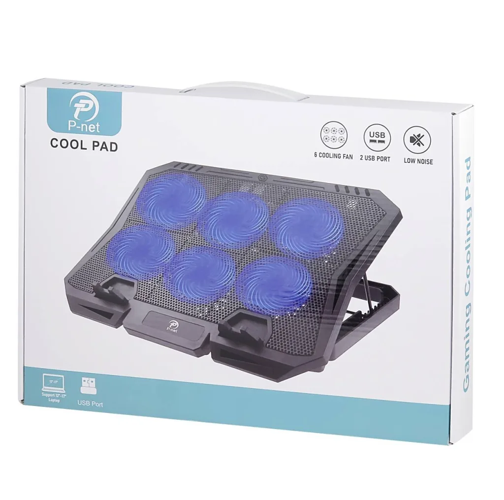 پایه خنککننده لپتاپ پی نت مدل P.806 دارای شش عدد فن مناسب برای لپ تاپهای 14تا 18 اینچ
