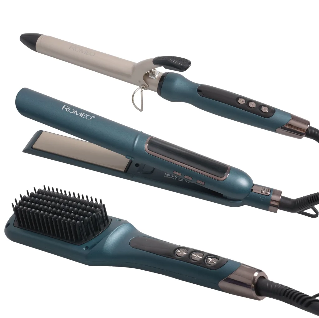 اتو مو حرفه ای رومئو مدل RM-5550 به همراه برس حرارتی و فر کننده مو مجموعه سه عددی