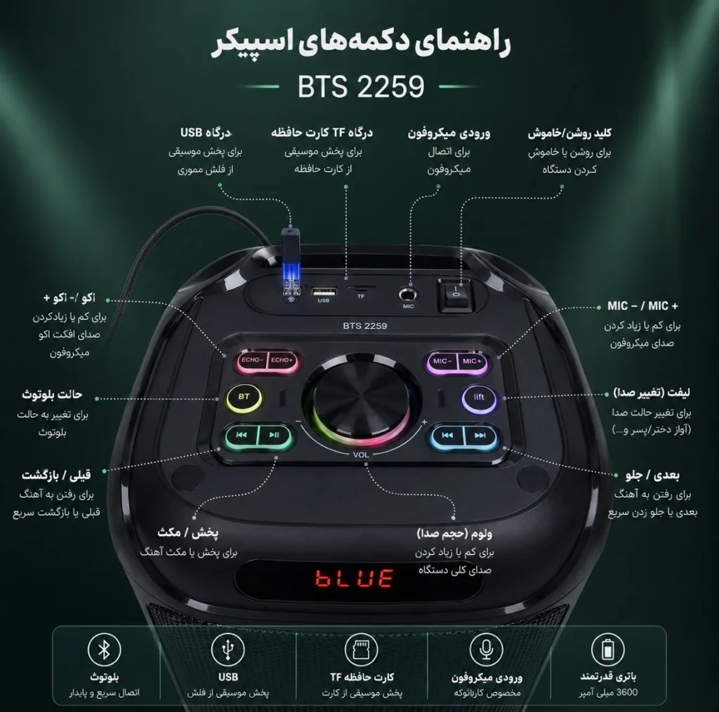 اسپیکر بلوتوثی قابل حمل برودو مدل BTS 2259