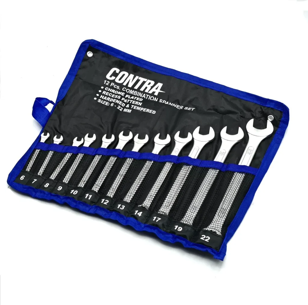 کیف آچار یکسر تخت و یکسر رینگی کنترا مدل کیف دار کد CHROME-PLATED-12PCS سایز 6 الی 22 میلی متر مجموعه 12 عددی