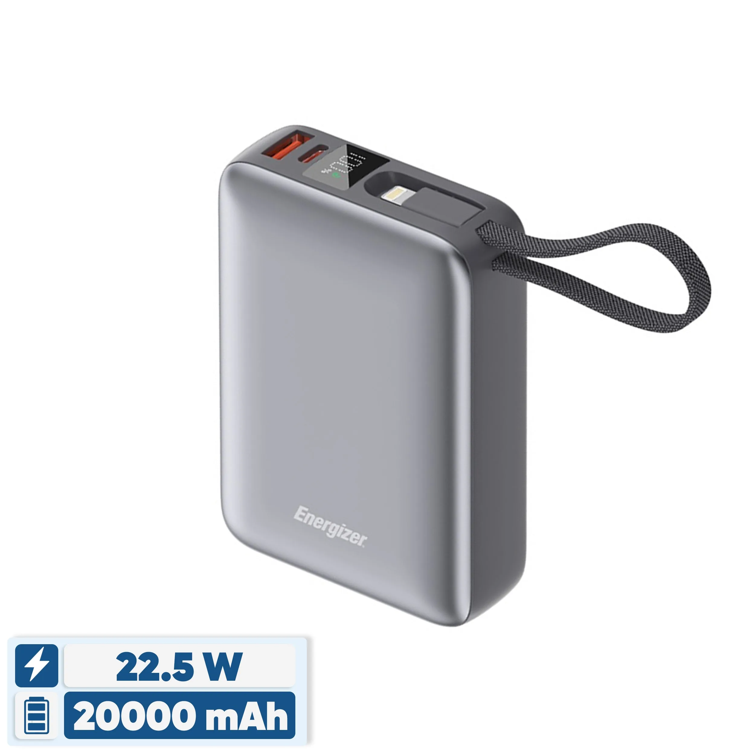 پاوربانک 22.5 وات انرجایزر مدل UE20085PQ ظرفیت 20000 میلی‌آمپرساعت به همراه کابل متصل لایتنینگ