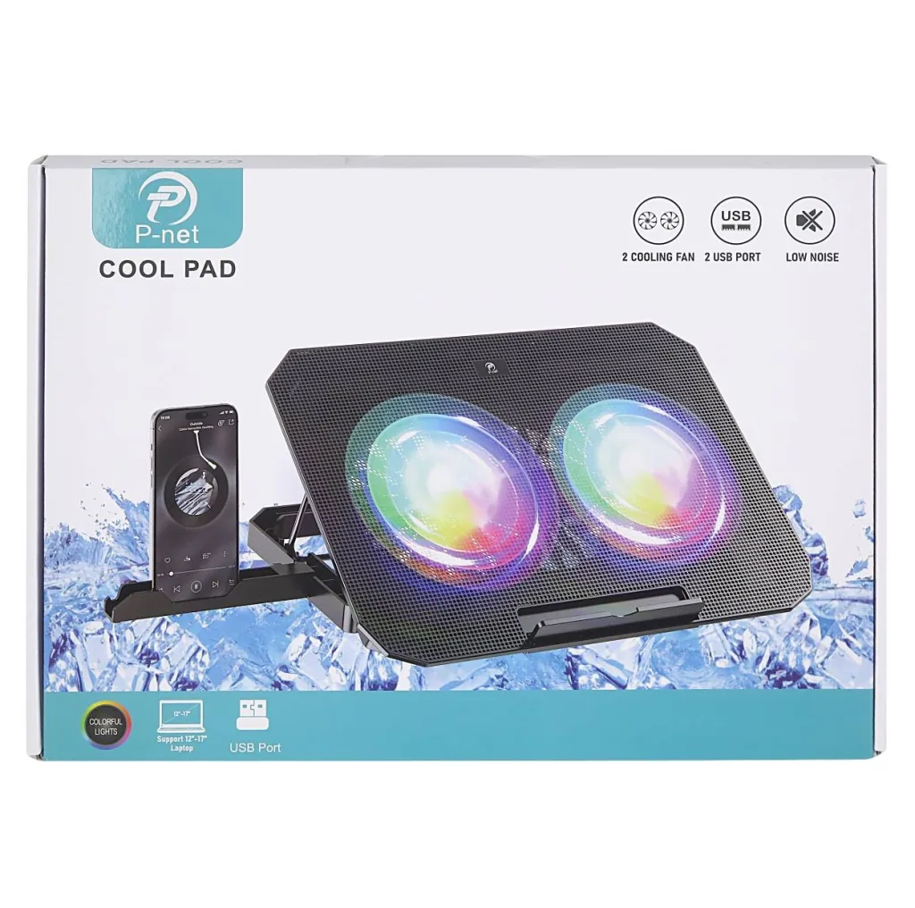 پایه خنک‌کننده لپ‌تاپ پی نت مدل p705 دارای دو عدد فن مناسب برای لپ تاپ‌های 16 تا 17 اینچی، 14.1 تا 15.6 اینچی، 13.1 تا 14 اینچی