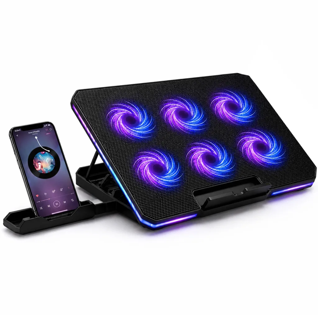 پایه خنک‌کننده لپ‌تاپ لوتوس مدل GF216-RGB-MOBILE STAND دارای شش عدد فن مناسب برای لپ تاپ‌های 14 تا 17 اینچی
