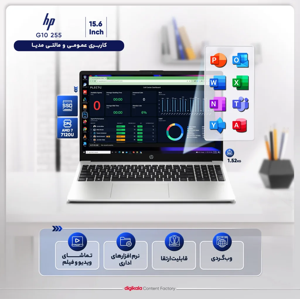 لپ‌تاپ اچ‌ پی مدل G10 255 با پردازنده Athlon Silver 7120U، رم DDR4 8GB با فرکانس 3200MHz، حافظه SSD با ظرفیت 256GB، نمایشگر 15.6 اینچ TN با وضوح Full HD، کاستوم شده
