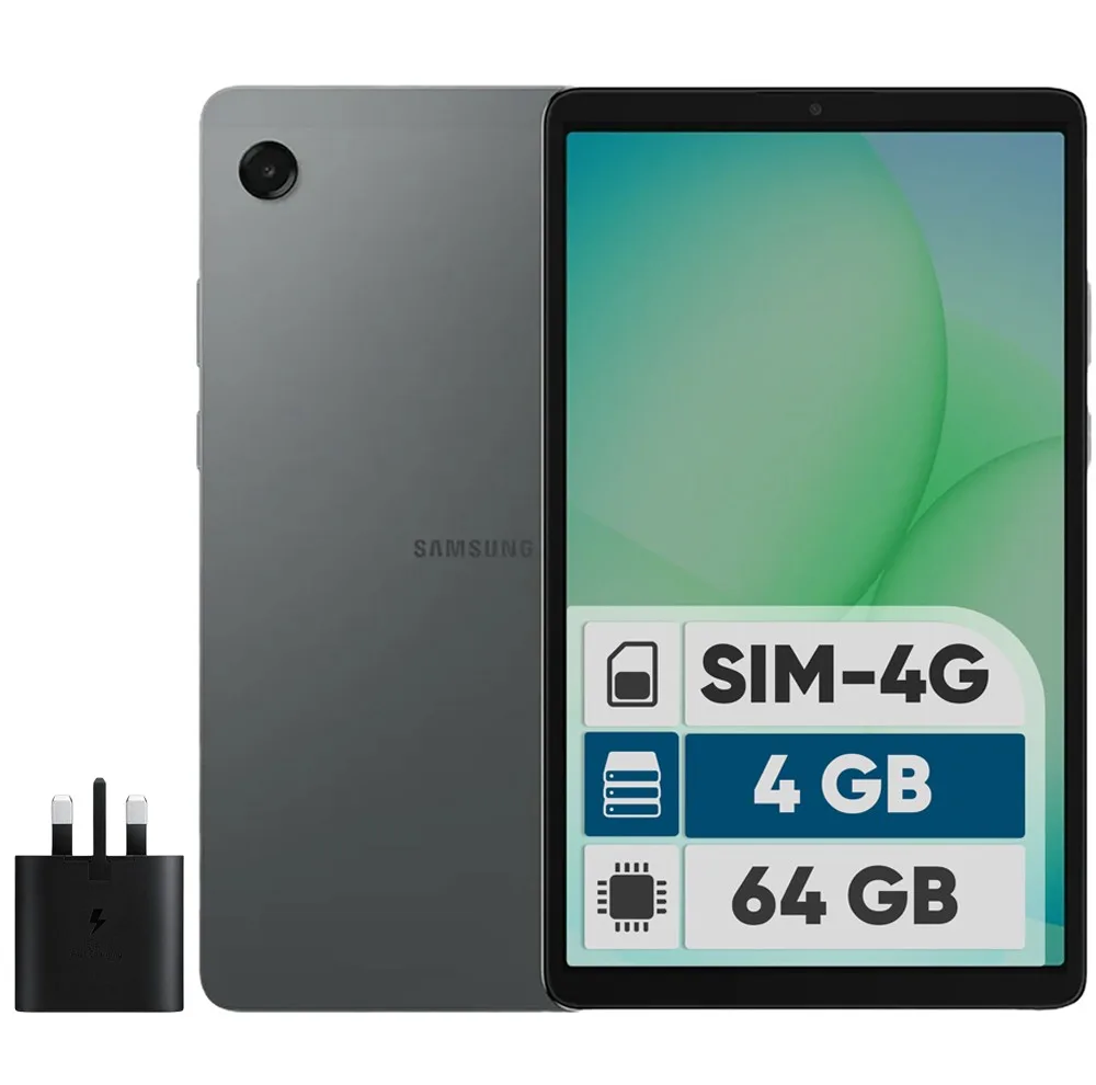 تبلت 8.7 اینچ سامسونگ مدل Galaxy Tab A11 4G، ظرفیت 64 گیگابایت و رم 4 گیگابایت، قابلیت پشتیبانی از سیم کارت، رزولوشن دوربین 8 مگاپیکسل، به همراه شارژر دیواری 25 وات سامسونگ مدل EP-TA800