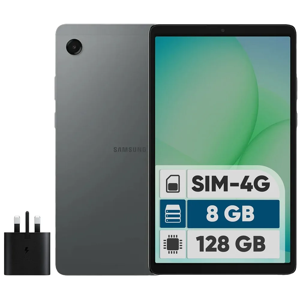 تبلت 8.7 اینچ سامسونگ مدل Galaxy Tab A11 4G، ظرفیت 128 گیگابایت و رم 8 گیگابایت، قابلیت پشتیبانی از سیم کارت، رزولوشن دوربین 8 مگاپیکسل، به همراه شارژر دیواری 25 وات سامسونگ مدل EP-TA800