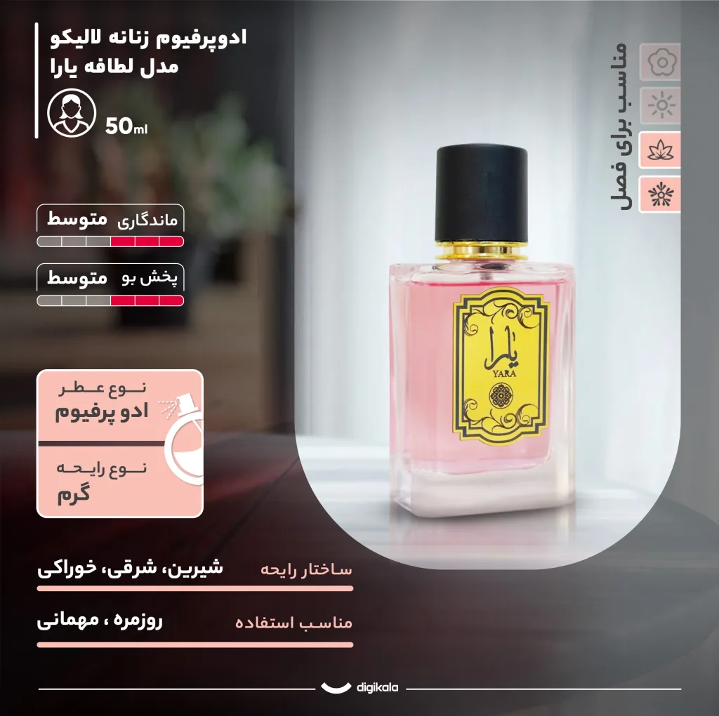 ادوپرفیوم زنانه لالیکو مدل لطافه یارا با رایحه گرم و شیرین حجم 50 میلی‌لیتر