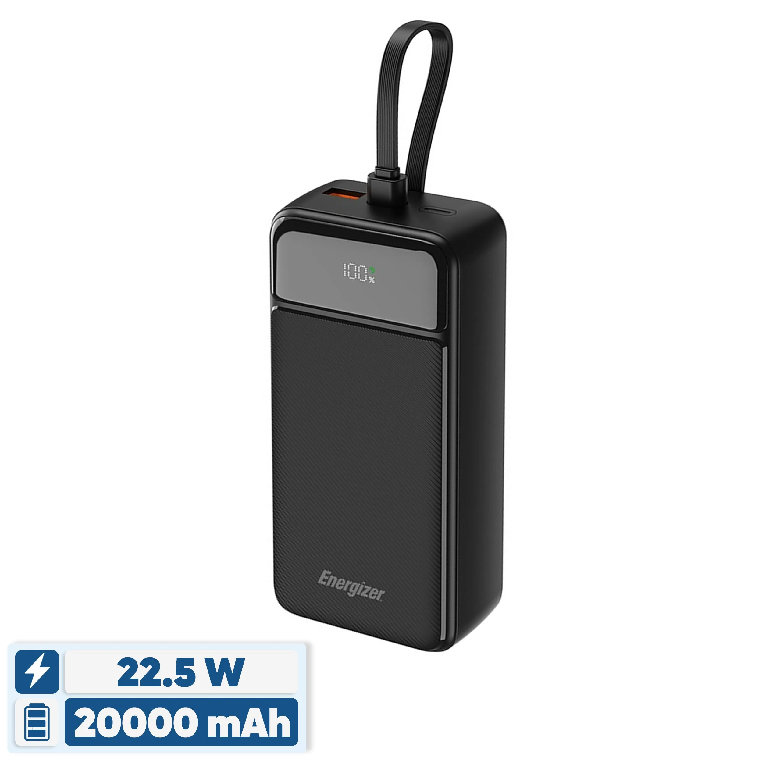 پاوربانک 22.5 وات انرجایزر مدل UE20084PQ ظرفیت 20000 میلی‌آمپرساعت به همراه سه کابل متصل USB-C و لایتنینگ