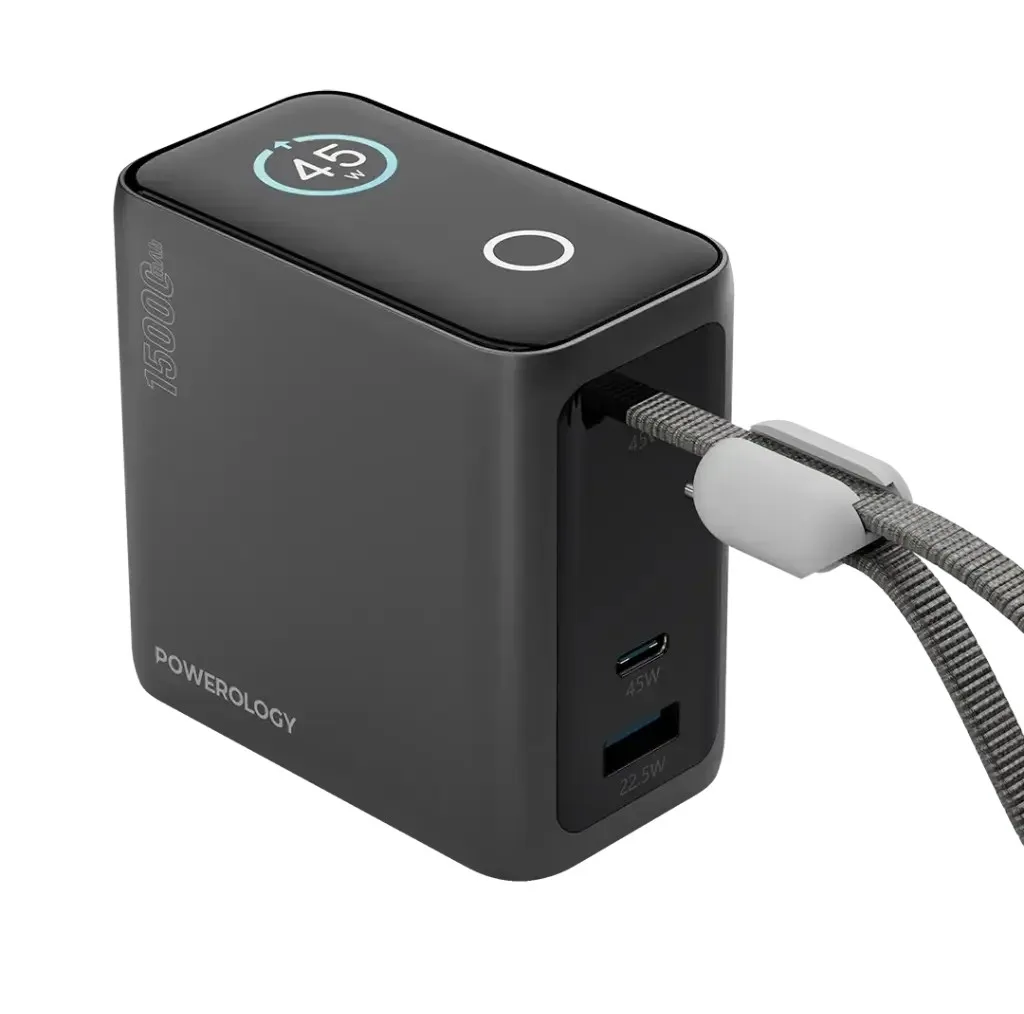 پاور بانک 45 وات پاورولوجی مدل ppbcha60 با ظرفیت 15000 هزار میلی آمپر ساعت به همراه کابل USB-C