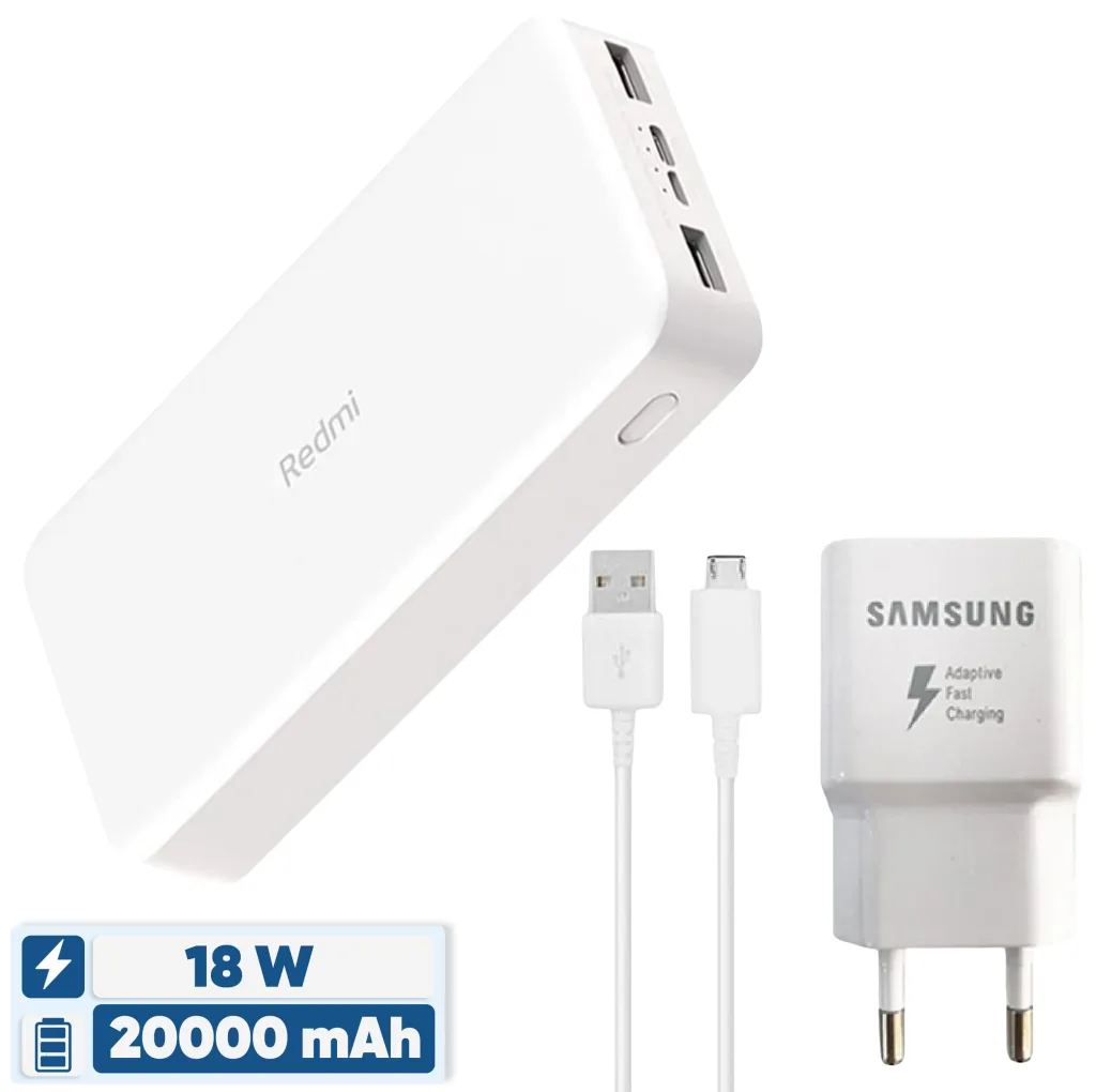 پاوربانک 18 وات شیائومی مدل Redmi PB200LZM ظرفیت 20000 میلی آمپرساعت به همراه شارژر دیواری سامسونگ و کابل تبدیل