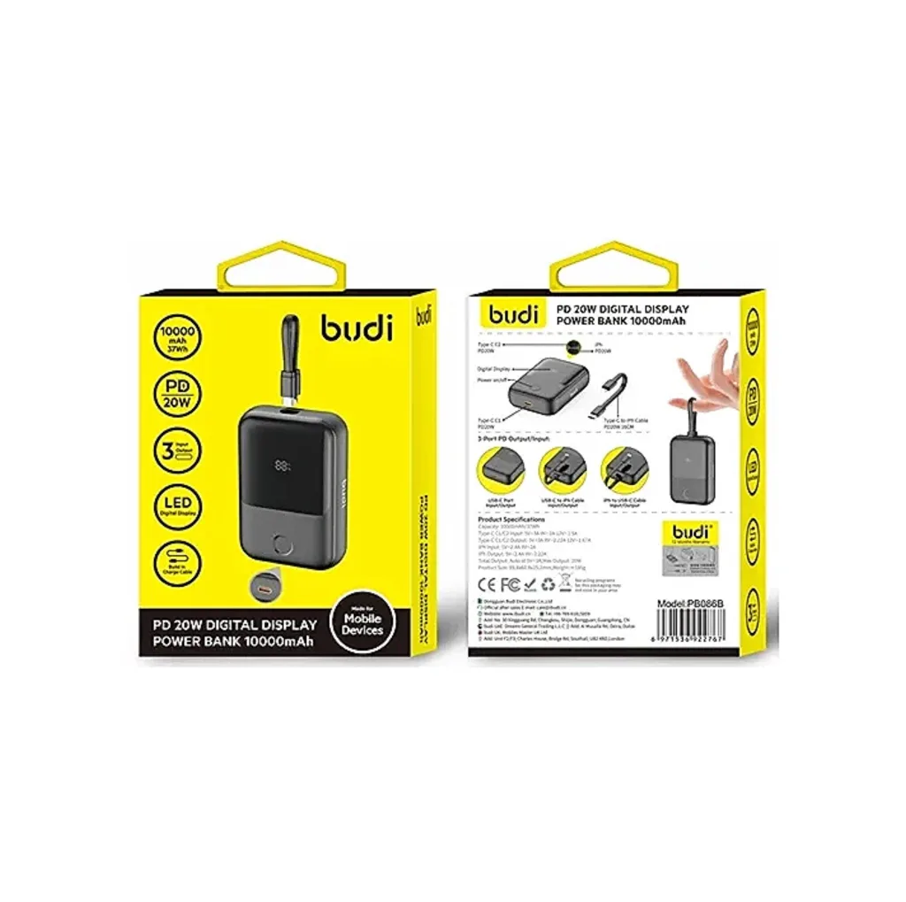 پاوربانک 20 وات بودی مدل PB086B ظرفیت 10000 میلی ‌آمپرساعت به همراه کابل USB-C