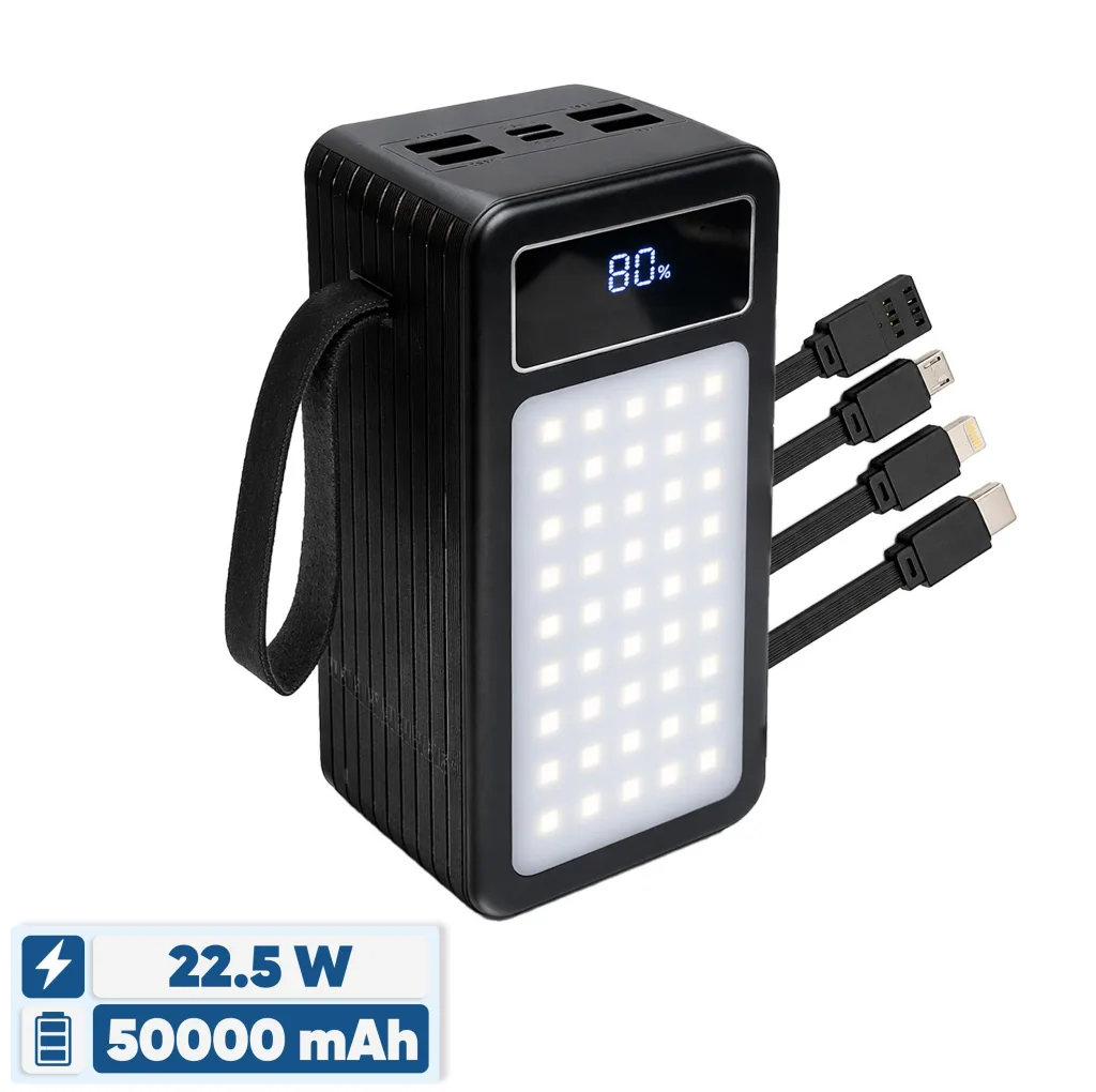 پاوربانک 22.5 وات پی زد ایکس مدل V89s PD Fast Charge ظرفیت 50000 میلی‌آمپرساعت به همراه چهار کابل متصل USB-A، USB-C، MicroUSB و لایتنینگ
