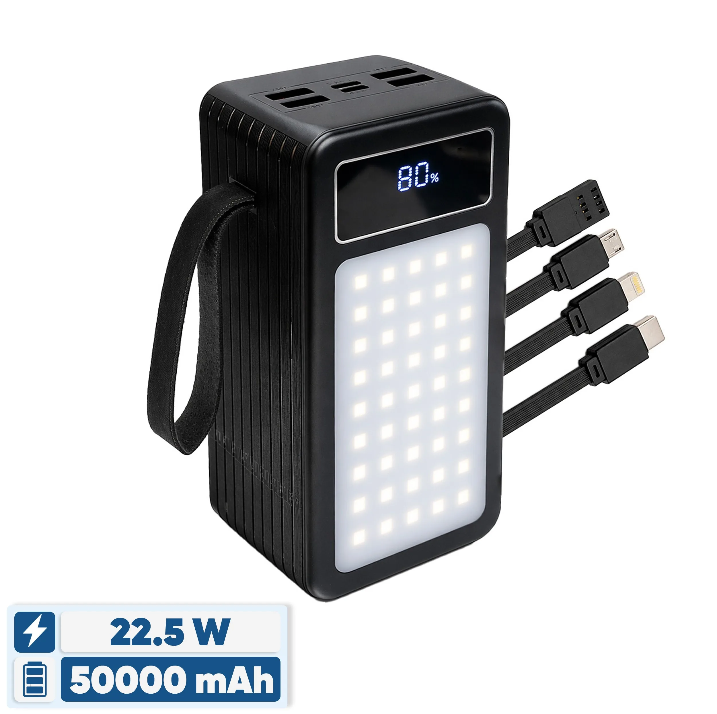 پاوربانک 22.5 وات پی زد ایکس مدل V89s PD Fast Charge ظرفیت 50000 میلی‌آمپرساعت به همراه چهار کابل متصل USB-A، USB-C، MicroUSB و لایتنینگ