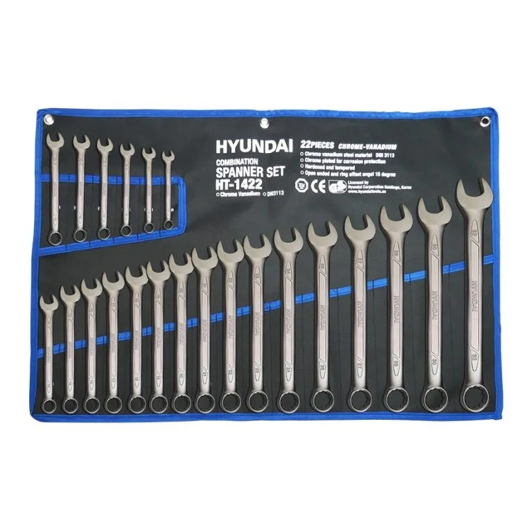 آچار یک سر تخت و یک سر رینگی هیوندای مدل HT-1422 مجموعه 22 عددی