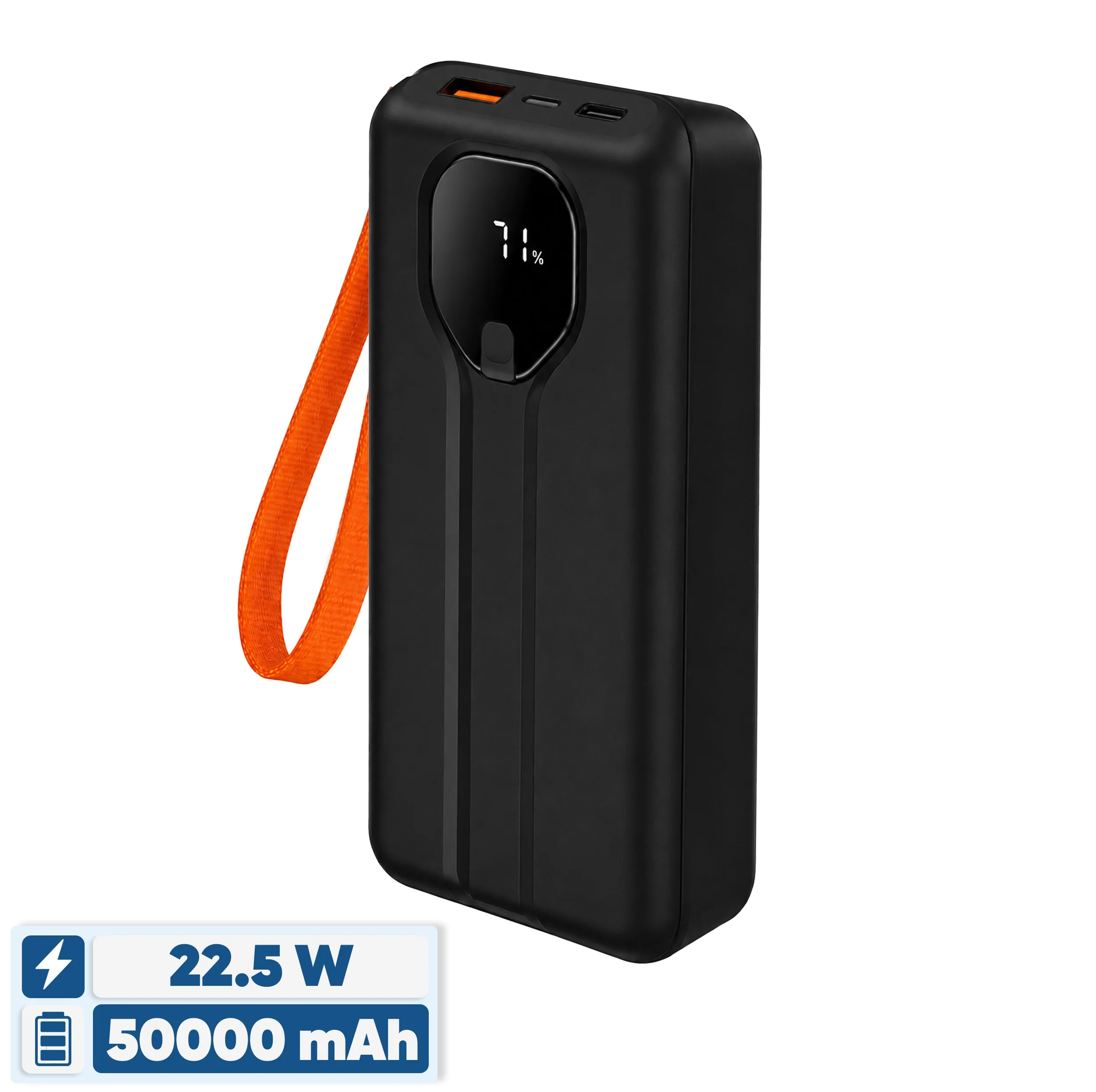 پاوربانک 22.5 وات مدل 50000 22.5w-fast ظرفیت 50000 میلی‌آمپرساعت به همراه دو کابل متصل USB-C و لایتنینگ