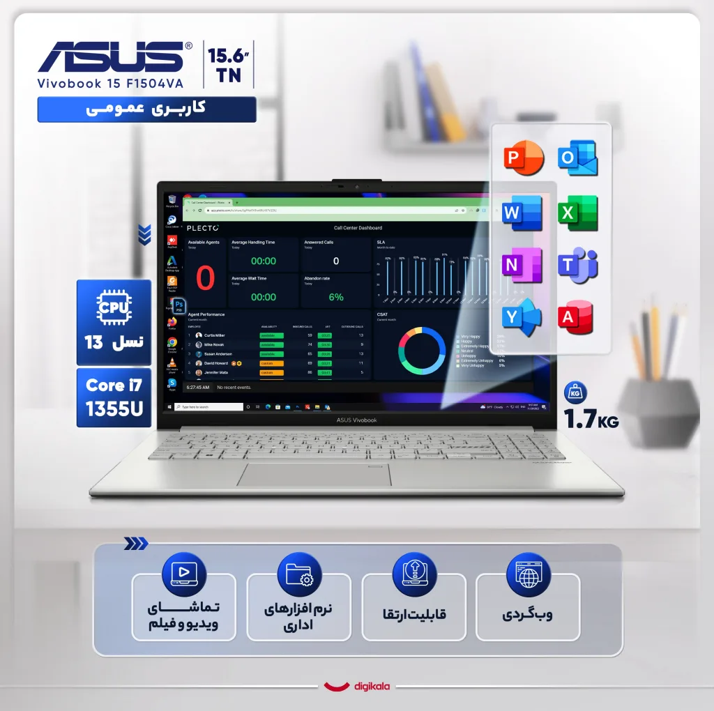 لپتاپ ایسوس مدل Vivobook 15 F1504VA-NJ824 با پردازنده Core i7-1355U، رم DDR4 40GB با فرکانس 3200MHz، حافظه SSD با ظرفیت 2TB، دارای نور پسزمینه کیبورد، حسگر اثر انگشت سیستمعامل Windows 11، کاستوم شده