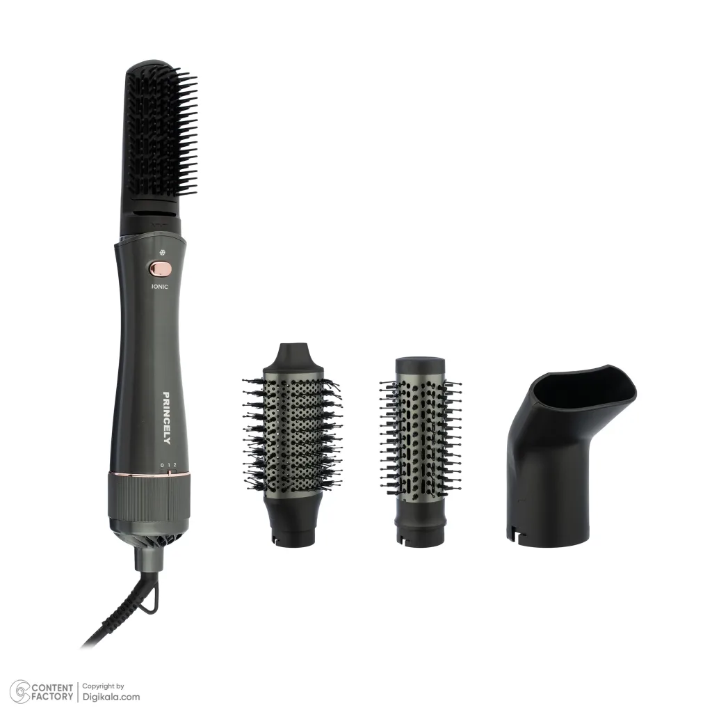 سشوار برس‌دار حالت‌دهنده پرنسلی مدل PR331AT با موتور DC، توان 240 وات، تنظیمات دما یک حالته، تنظیم سرعت دو سرعته، سری صاف‌کننده، همراه با سری شانه‌دار، برس گرد پهن، برس تخت، متمرکزکننده پهن، سری دندانه‌دار و کیف نگه‌دارنده
