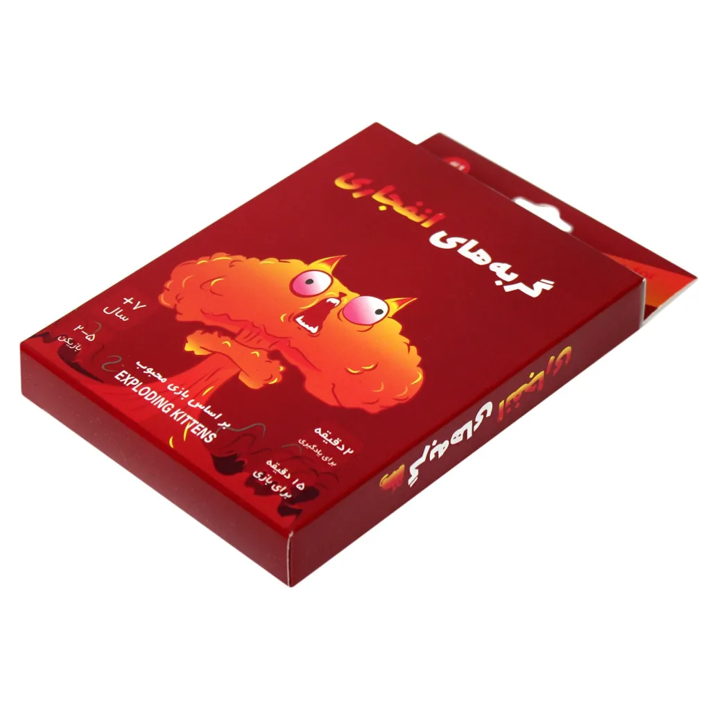 بازی فکری کارتی گربه‌های انفجاری مدل EXP KTN 02 مناسب 2 تا 5 نفر با ژانر استراتژی و رقابتی، رده سنی بالای 7 سال، مدت زمان کمتر از 30 دقیقه، شامل 56 کارت ویژه و 4 کارت راهنما