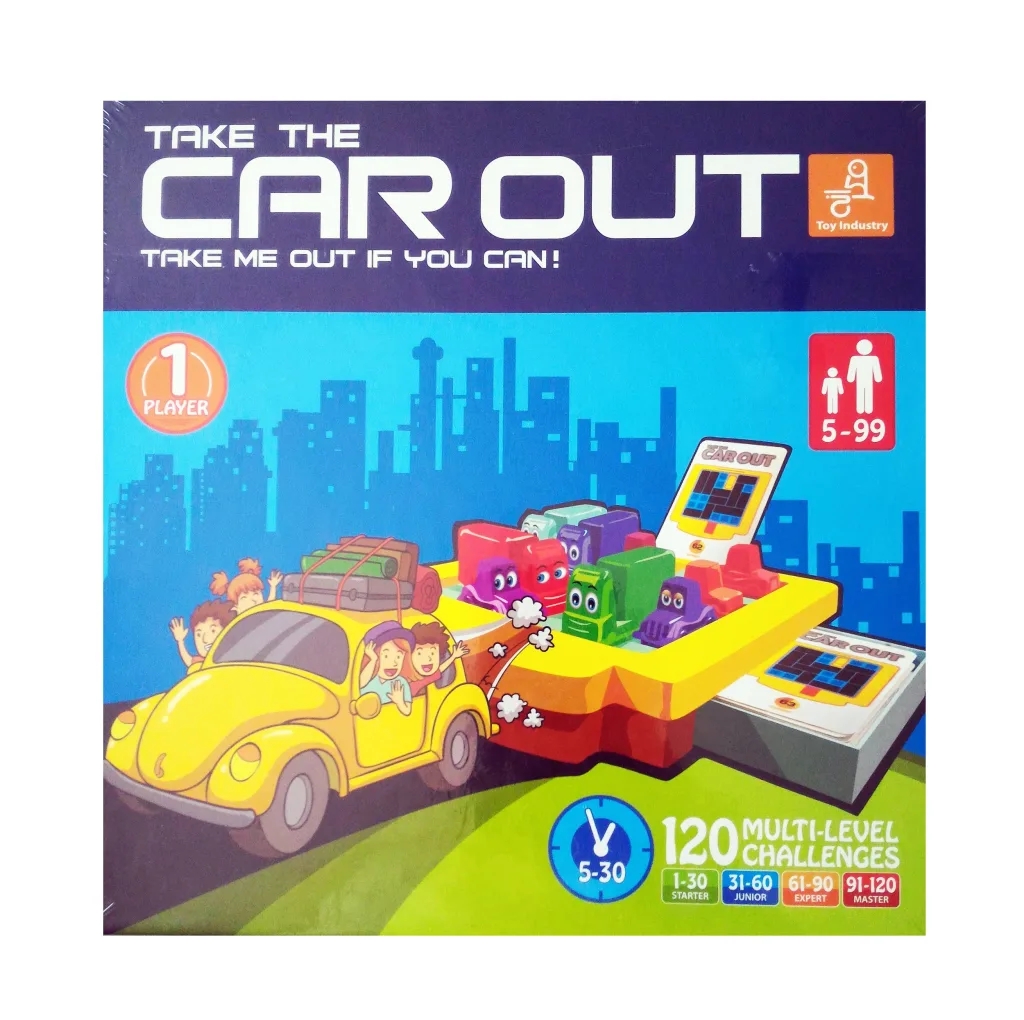 بازی فکری کار اوت مدل car out مناسب سنین 5 تا 99 سال با 120 مرحله از مبتدی تا پیشرفته، افزایش تمرکز، تقویت حافظه، مهارت حل مساله و مدیریت زمان، بازی تک نفره و کارت‌محور
