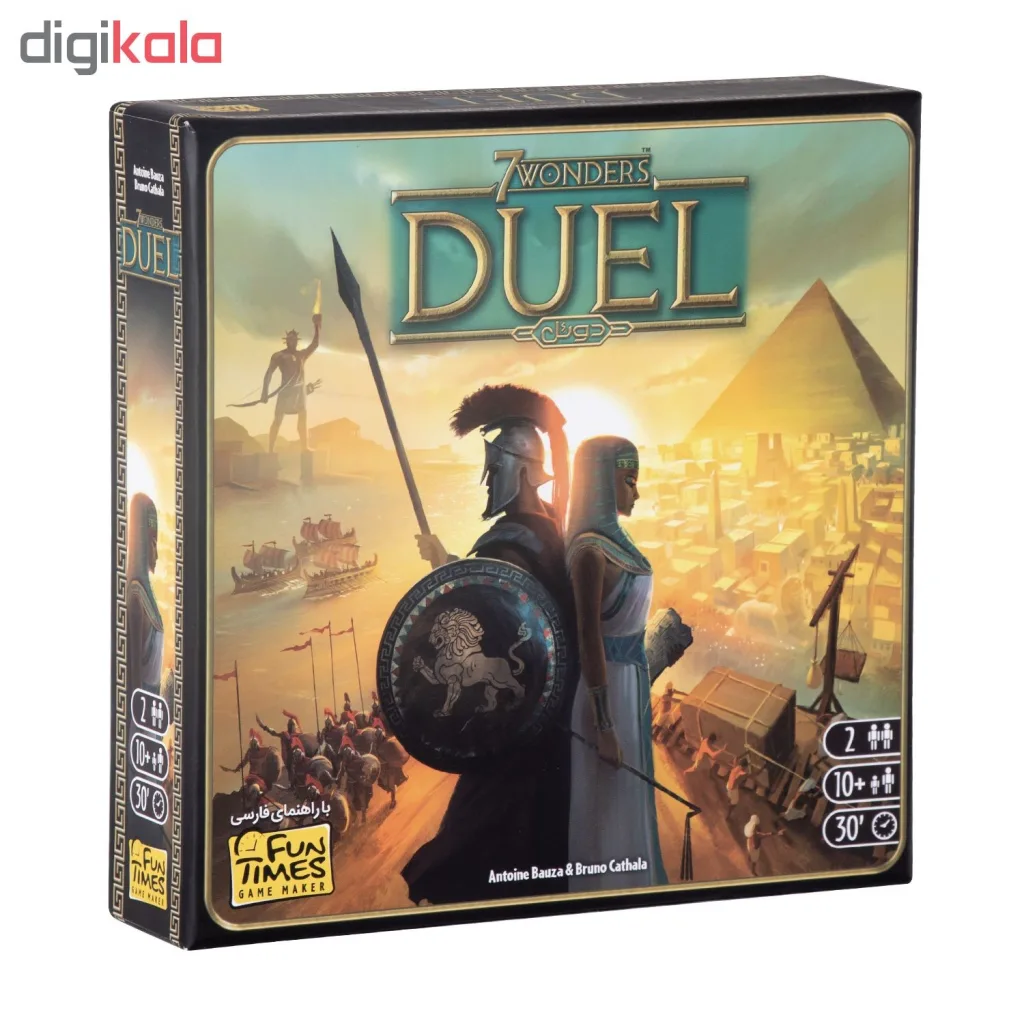 بازی فکری بردگیم استراتژی دونفره 7Wonders Duel با تاکتیک ساخت‌وساز، مزایده، سیستم سه شرط پیروزی، پیشرفت علمی و نظامی، شامل 66 کارت دوران، 12 کارت عجایب و دفترچه راهنما، مناسب بالای 10 سال