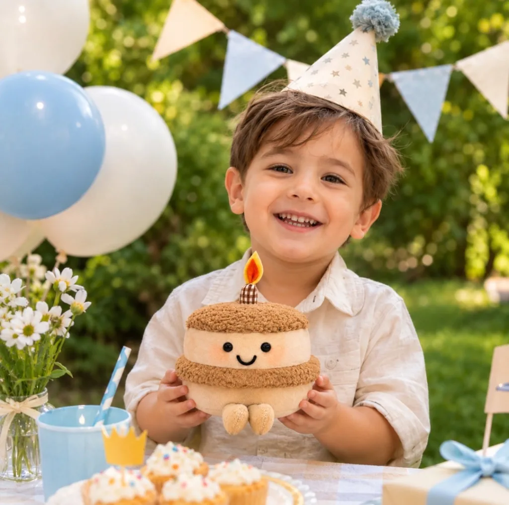 عروسک پولیشی مدل کیک تولد خندان پشمالو کد NIL0327 ارتفاع ۱۸ سانتی متر