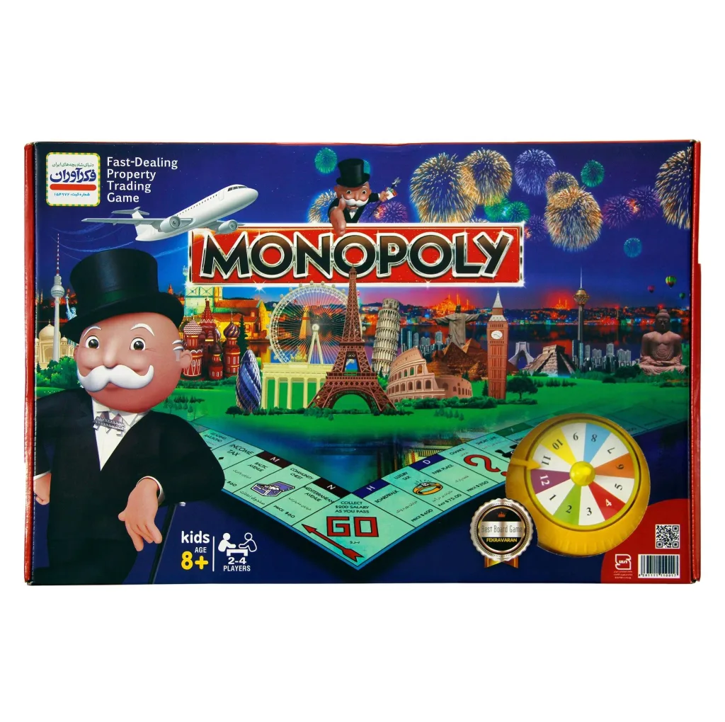 بازی فکری فکرآوران مدل Monopoly آموزشی اقتصادی با قابلیت بازی 2 تا 4 نفر، مناسب بالای 8 سال، شامل کارت، مهره و چرخانه، افزایش قدرت فکر، آموزش سرمایه‌گذاری، ریسک و ارزش پول