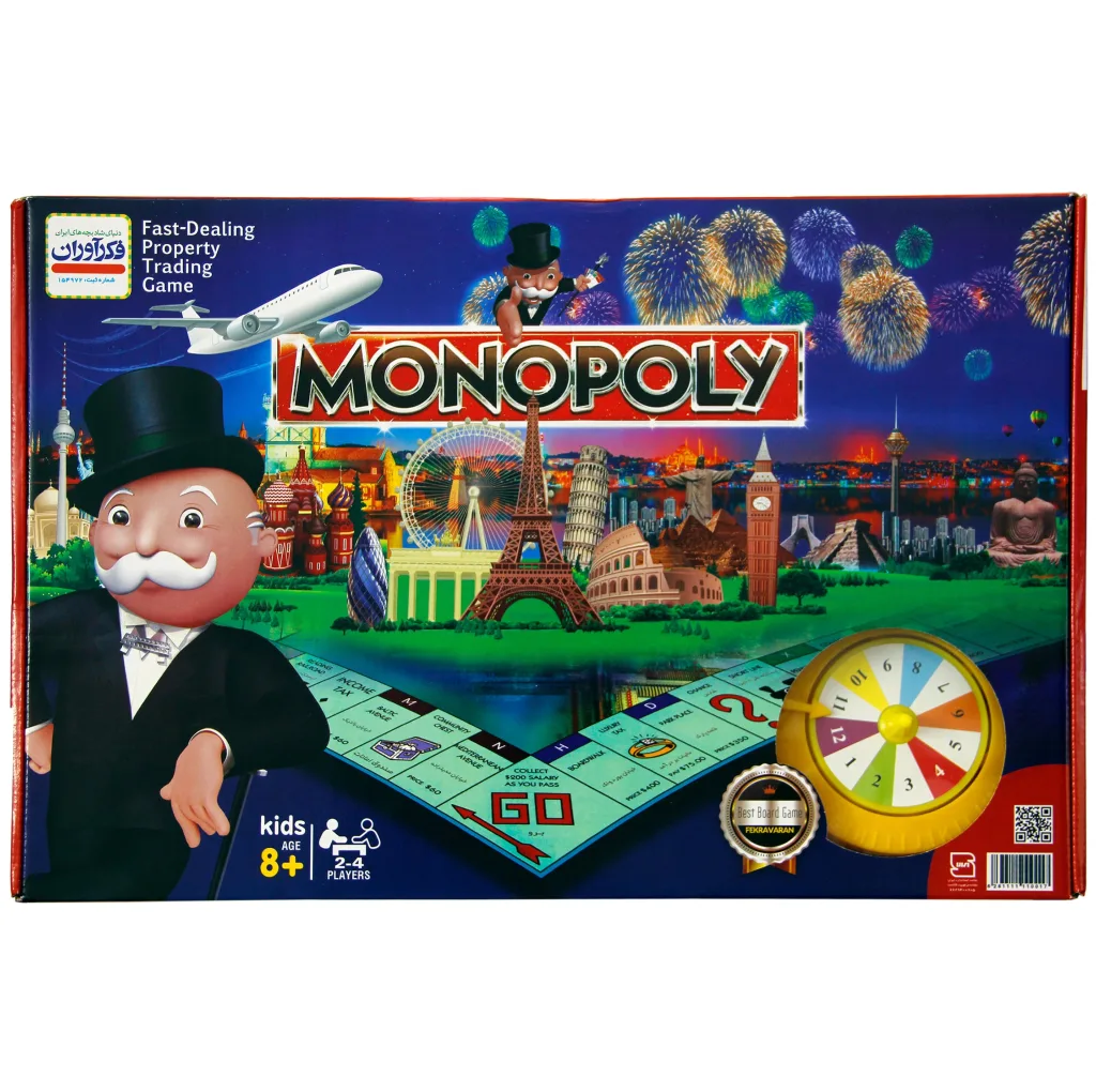 بازی فکری فکرآوران مدل Monopoly آموزشی اقتصادی با قابلیت بازی 2 تا 4 نفر، مناسب بالای 8 سال، شامل کارت، مهره و چرخانه، افزایش قدرت فکر، آموزش سرمایه‌گذاری، ریسک و ارزش پول