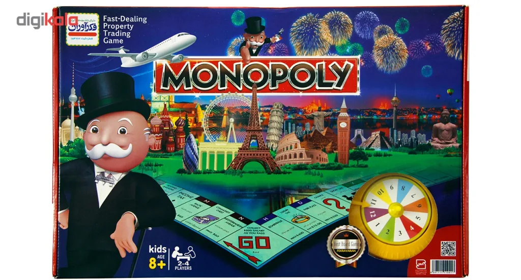 بازی فکری فکرآوران مدل Monopoly آموزشی اقتصادی با قابلیت بازی 2 تا 4 نفر، مناسب بالای 8 سال، شامل کارت، مهره و چرخانه، افزایش قدرت فکر، آموزش سرمایه‌گذاری، ریسک و ارزش پول
