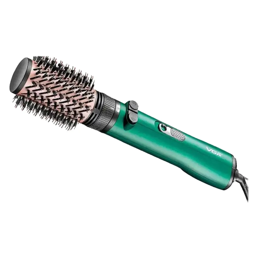 سشوار برس‌دار چرخشی 1200 وات وی جی ار مدل v-498، موتور DC، وزن 500 گرم، دارای سری برس‌دار گرد باریک، سری برس‌دار گرد پهن با ویژگی صاف‌کنندگی، حجم‌دهندگی، با قابلیت باد سرد، فناوری تولید یون
