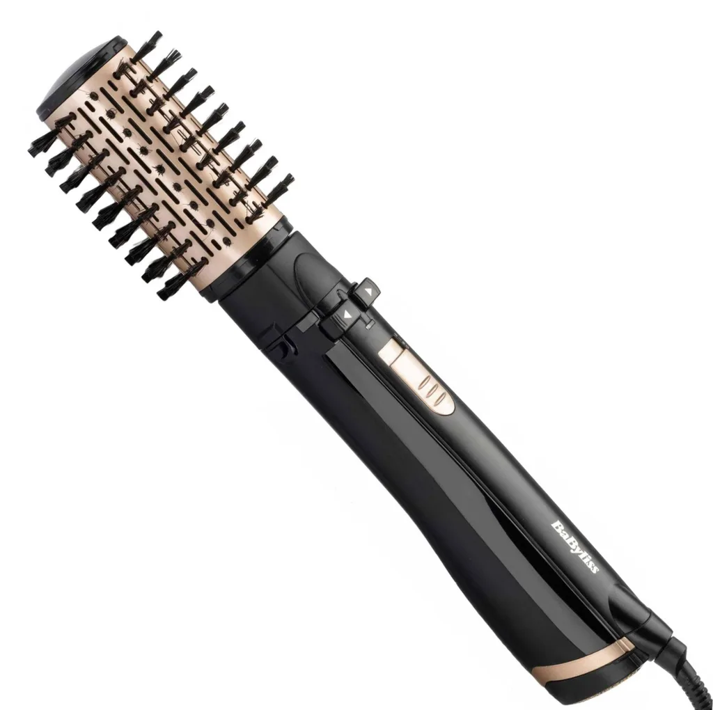 سشوار برس‌دار چرخشی 1000 وات بابیلیس مدل AS964ROE، موتور DC، وزن 1050 گرم، دارای سری برس‌دار گرد باریک، سری برس‌دار تخت، سری چرخشی، سری دندانه‌دار با ویژگی صاف‌کنندگی، با قابلیت فناوری تولید یون
