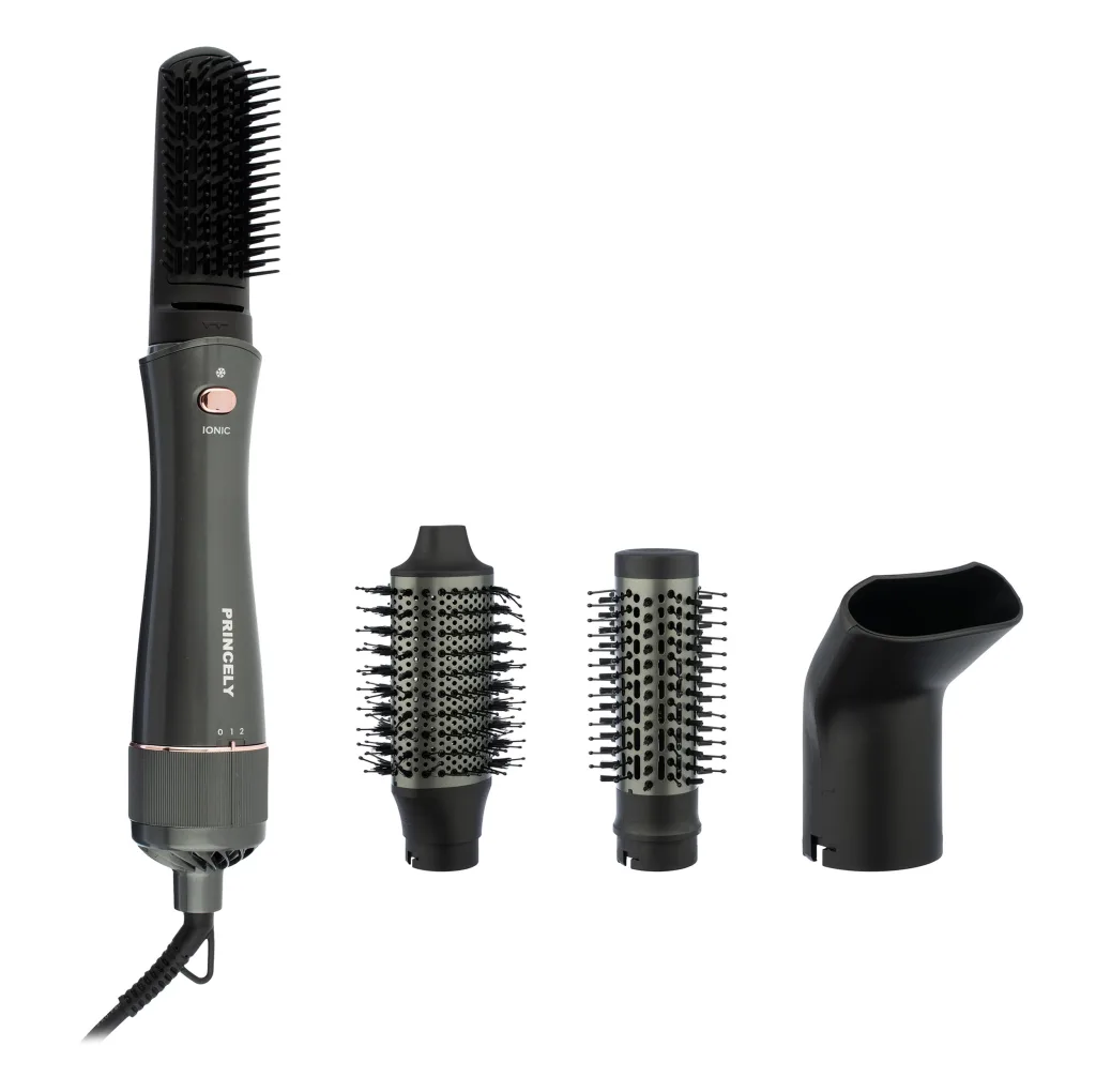 سشوار برس‌دار حالت‌دهنده پرنسلی مدل PR331AT با موتور DC، توان 240 وات، تنظیمات دما یک حالته، تنظیم سرعت دو سرعته، سری صاف‌کننده، همراه با سری شانه‌دار، برس گرد پهن، برس تخت، متمرکزکننده پهن، سری دندانه‌دار و کیف نگه‌دارنده