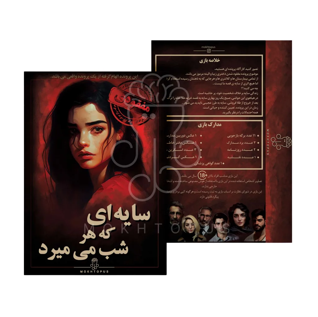 بازی فکری معمایی مدل پرونده جنایی شخص گمشده مناسب 18 سال به بالا، 1 تا 6 بازیکن، درجه سختی سخت، حل معما، چالش ضریب هوشی، همکاری گروهی، تاکتیک حافظه‌ای و مدیریت منابع، مدت بازی بیش از یک ساعت