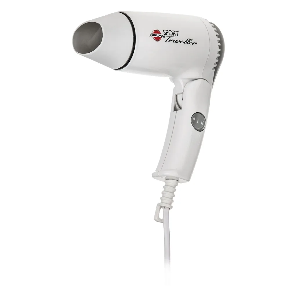 سشوار مسافرتی 1100 وات پارس خزر مدل HD-861P، موتور DC، وزن 340 گرم، المنت فلز، دارای سری متمرکز‌کننده با ویژگی صاف‌کنندگی