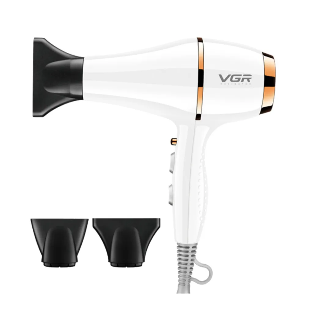 سشوار حرفه‌ای 2200 وات وی جی ار مدل V-414، موتور AC، وزن 802 گرم، المنت سرامیک تورمالین، دارای سری متمرکز‌کننده باریک، متمرکز‌کننده پهن با ویژگی صاف‌کنندگی، حجم‌دهندگی، با قابلیت تنظیم دما، فناوری تولید یون