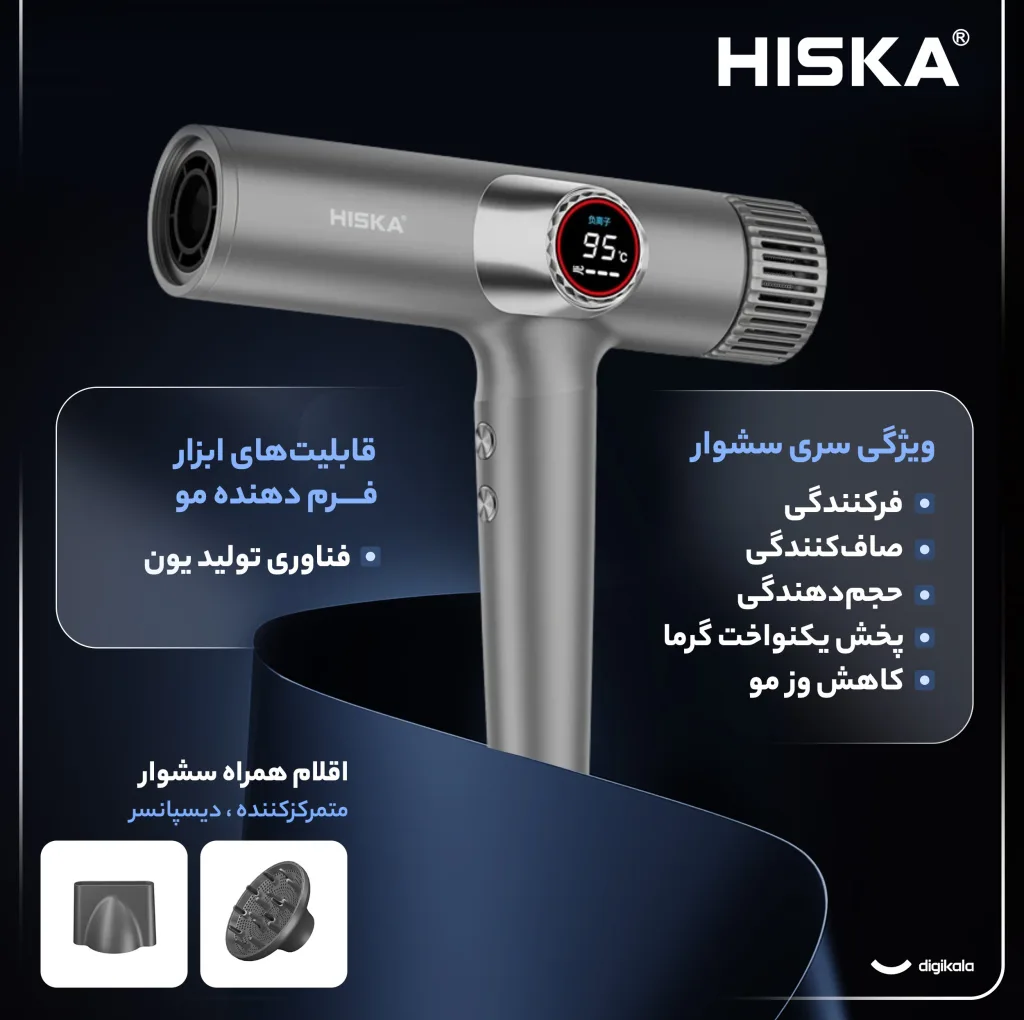 سشوار حرفه‌ای هیسکا مدل H5263 با توان 2000 وات، موتور BLDC پرسرعت، نمایشگر LCD گرد، 9 حالت کاری، فناوری تنظیم دمای هوشمند، تولید 600 میلیون یون منفی، نازل و دیفیوزر مغناطیسی، طول کابل 3 متر