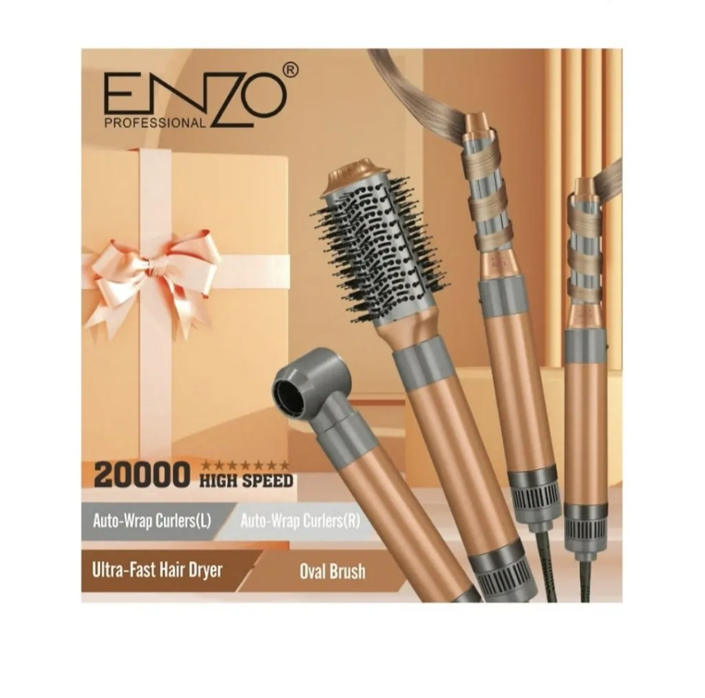 سشوار برس‌دار حالت‌دهنده 1500 وات انزو پروفیشینال مدل 4131، موتور AC، وزن 800 گرم، دارای سری متمرکز‌کننده باریک، سری شانه‌دار با ویژگی فرکنندگی، صاف‌کنندگی، حجم‌دهندگی