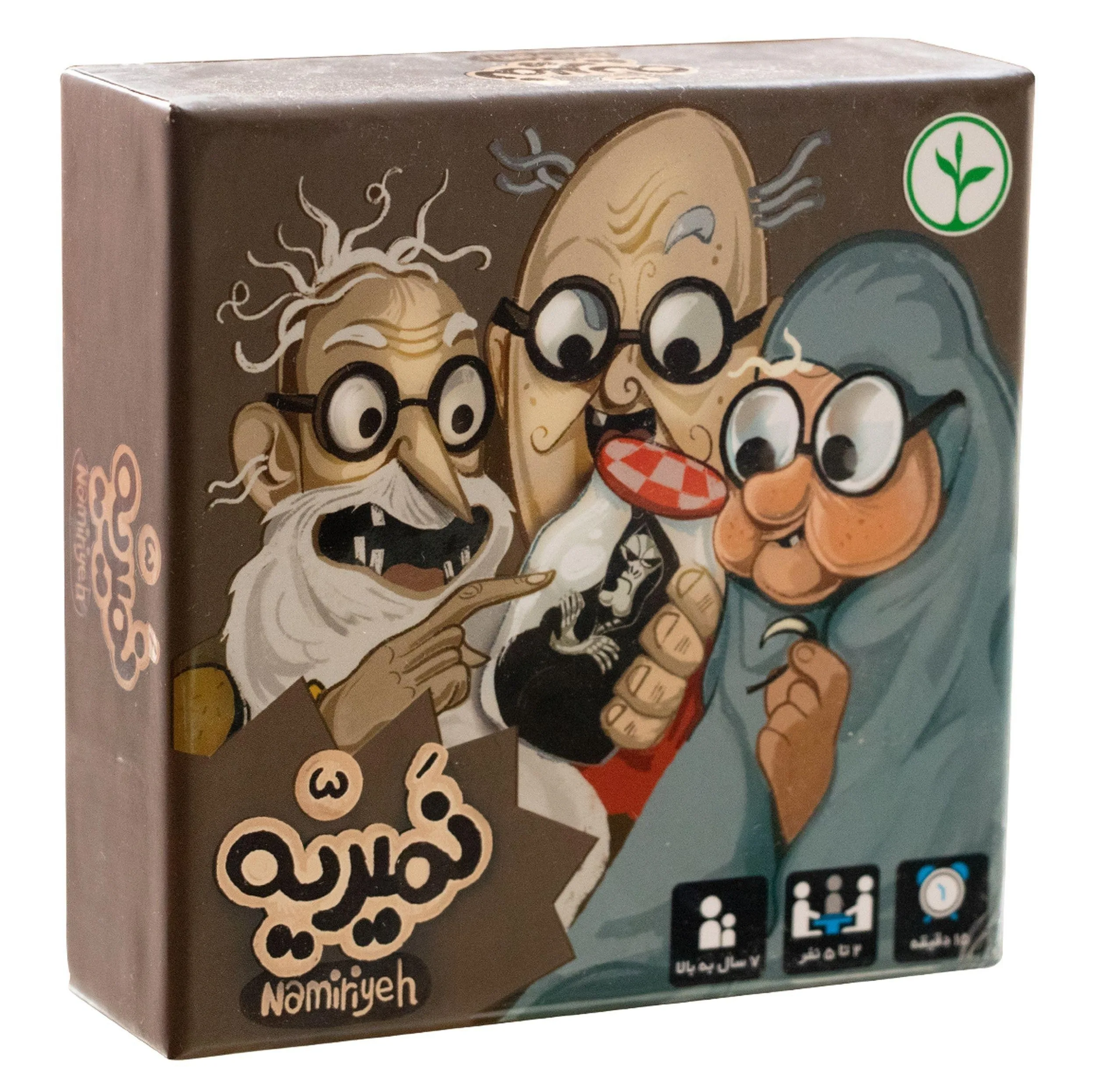 بازی فکری کارتی نمیریه رقابتی، مناسب 7 سال به بالا، تعداد بازیکن 2 تا 5 نفر، درجه سختی آسان، مدت زمان کمتر از 30 دقیقه، شامل 55 کارت مقوایی و راهنمای بازی