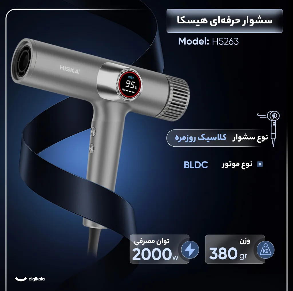 سشوار حرفه‌ای هیسکا مدل H5263 با توان 2000 وات، موتور BLDC پرسرعت، نمایشگر LCD گرد، 9 حالت کاری، فناوری تنظیم دمای هوشمند، تولید 600 میلیون یون منفی، نازل و دیفیوزر مغناطیسی، طول کابل 3 متر