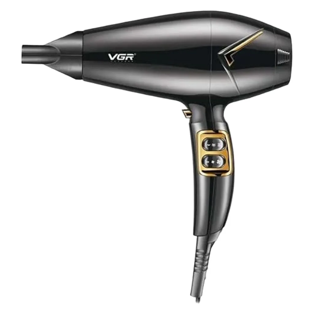 سشوار وی جی ار مدل V-423 با توان 2200 وات، موتور AC، المنت فلزی و سرامیک تورمالین، وزن 700 گرم، طول سیم 3 متر، مناسب استفاده نیمه حرفه‌ای، خانگی و آرایشگاهی