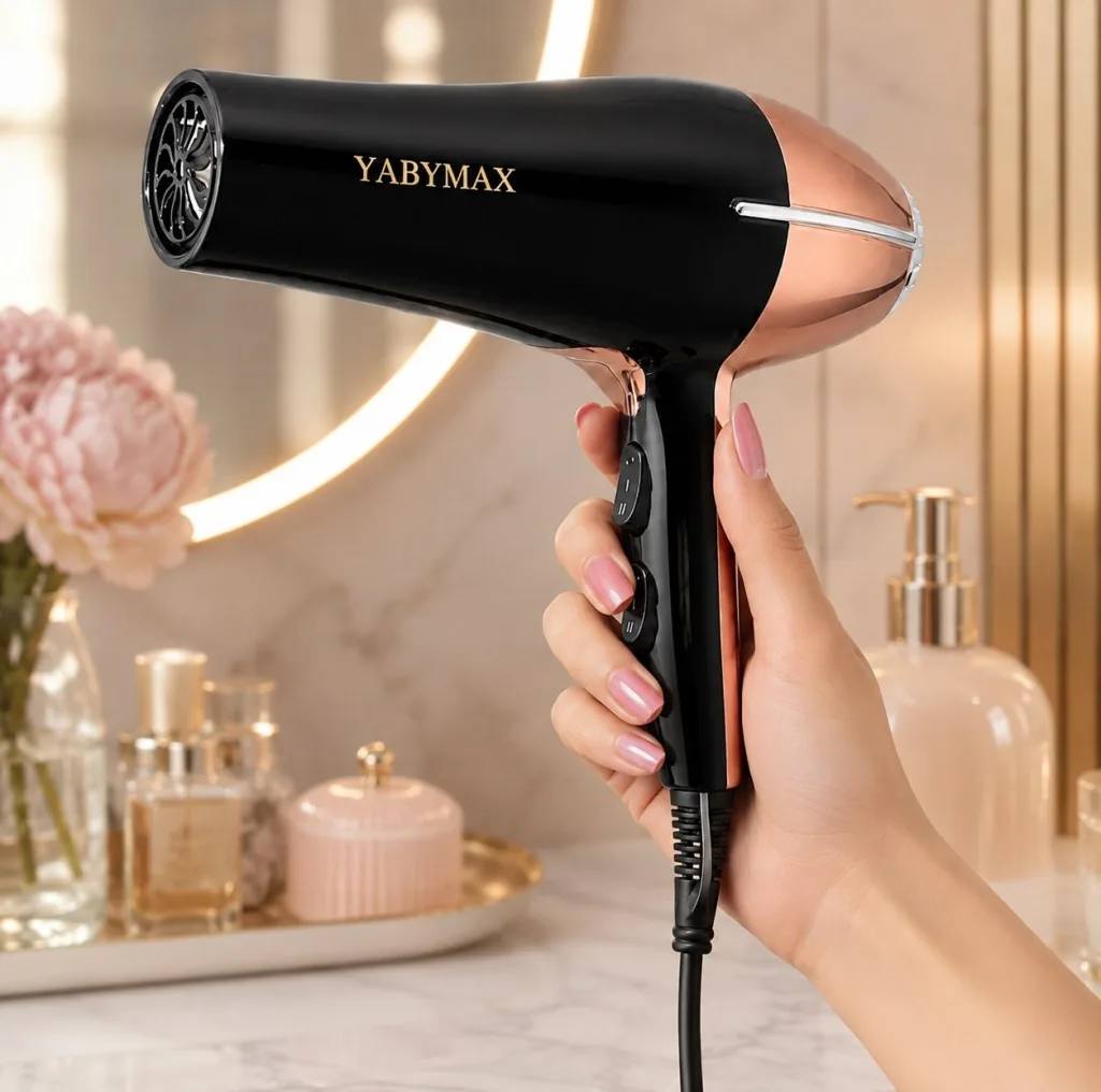 سشوار حرفه‌ای و آرایشگاهی یابی مکس مدل YA-704 با موتور AC، توان 2200 وات، سیستم یونیزاسیون پیشرفته، فناوری نانو سیلور آنتی‌باکتریال، باد سرد و تنظیم دما در سه حالت و سرعت در دو حالت