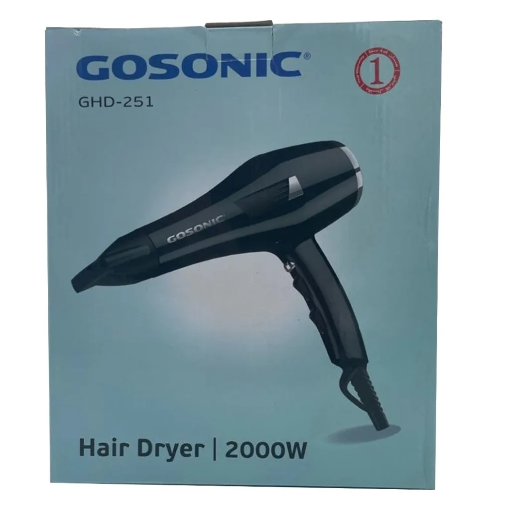 سشوار خانگی 2000 وات گوسونیک مدل GHD-251، موتور DC، وزن 1000 گرم، دارای سری متمرکزکننده باریک با ویژگی صافکنندگی، حجمدهندگی، با قابلیت باد سرد
