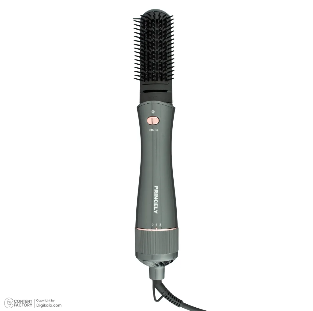 سشوار برس‌دار حالت‌دهنده پرنسلی مدل PR331AT با موتور DC، توان 240 وات، تنظیمات دما یک حالته، تنظیم سرعت دو سرعته، سری صاف‌کننده، همراه با سری شانه‌دار، برس گرد پهن، برس تخت، متمرکزکننده پهن، سری دندانه‌دار و کیف نگه‌دارنده