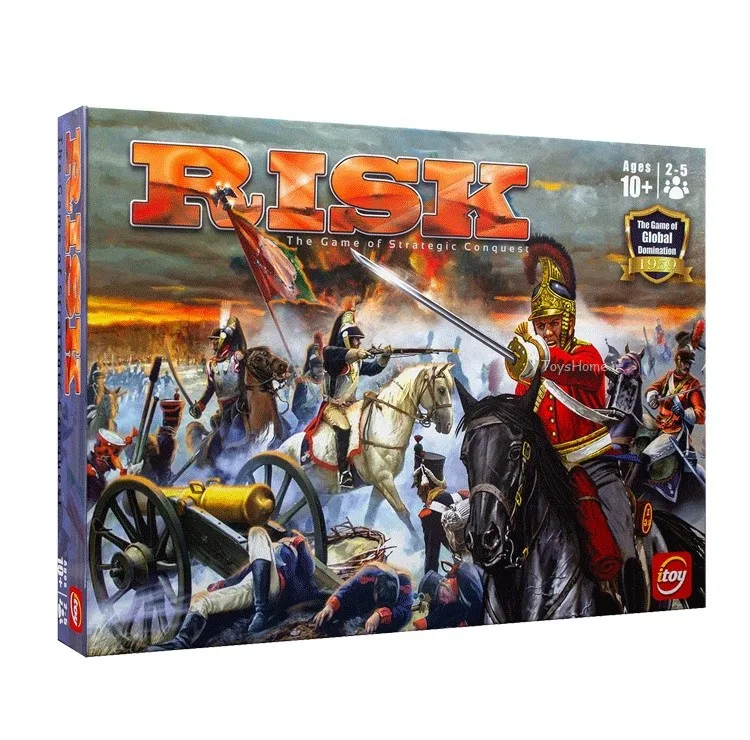 بازی فکری استراتژیک و نظامی Risk مدل تخته‌ای فتح 42 قلمرو جهان با 5 ارتش رنگی، 3 تاس حمله، 2 تاس دفاع، کارت‌های ماموریت و آتش‌بس، مناسب 2 تا 6 نفر بالای 10 سال با جعبه هاردباکس و دفترچه فارسی