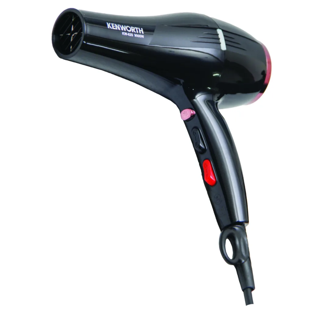 سشوار حرفهای 2000 وات کنورث مدل KW-820، موتور AC، وزن 660 گرم، دارای سری متمرکزکننده باریک، متمرکزکننده پهن با ویژگی صافکنندگی، با قابلیت باد سرد، فناوری تولید یون، قابلیت تنظیم دما