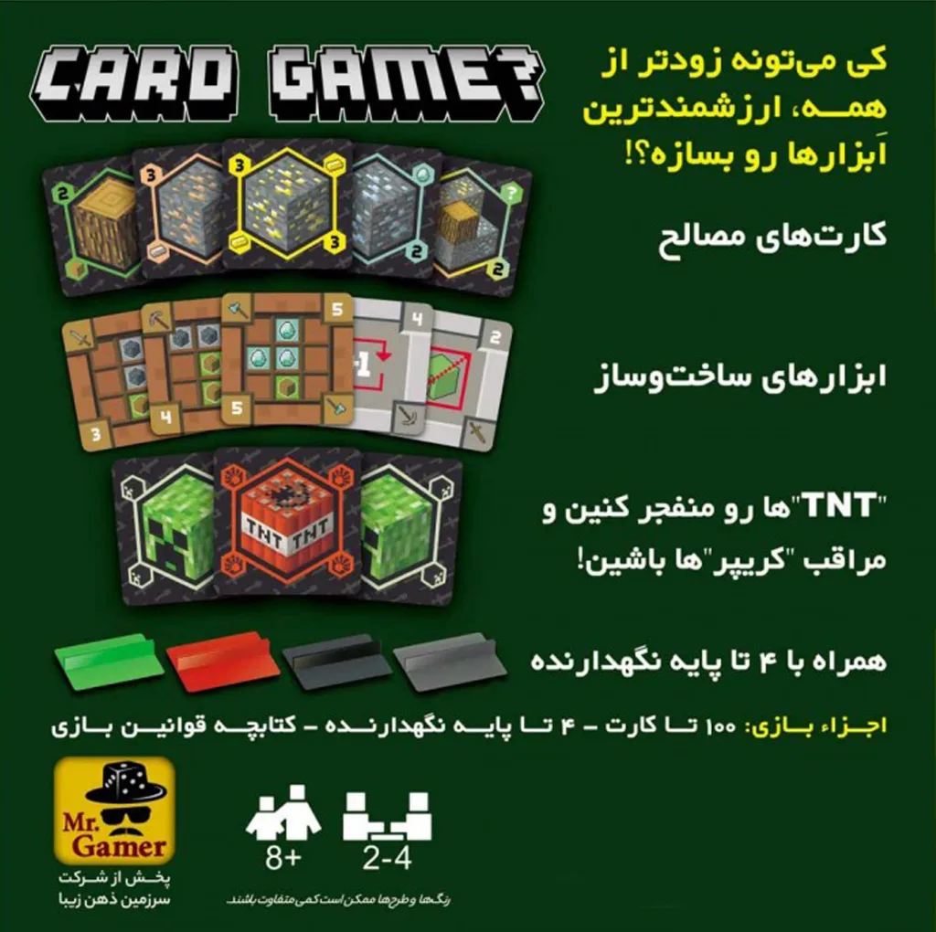بازی فکری بردگیم مدل ماینکرفت مناسب 2 تا 4 نفر، رده سنی کودک تا بزرگسال، سبک استراتژی با تاکتیک مدیریت منابع و مدت زمان کمتر از یک ساعت