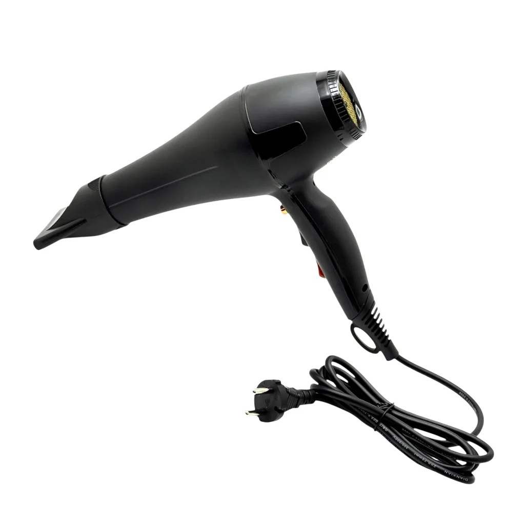 سشوار حرفه‌ای مدل 1010 با توان 9000 وات، موتور AC، تنظیمات دما و سرعت دو حالته، سری صاف‌کننده و متمرکزکننده باریک، وزن 650 گرم، مناسب آرایشگاهی و روزمره