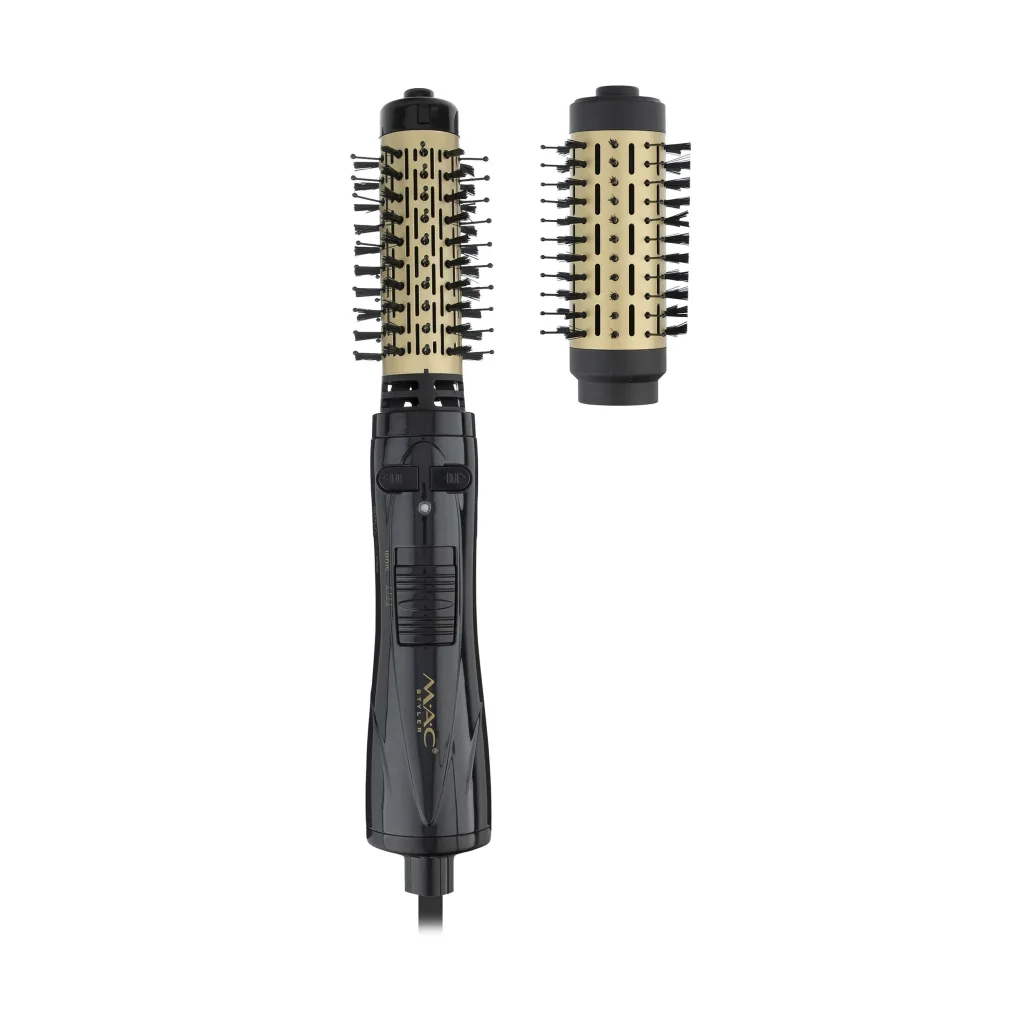 سشوار برس‌دار چرخشی مک استایلر مدل MC-6625 با توان 1200 وات، المنت سرامیکی، تنظیم دما و سرعت دو حالته، قابلیت باد سرد، سری صاف‌کننده و حجم‌دهنده، همراه با سری برس گرد باریک و پهن و کیف نگهدارنده، کاربرد خانگی