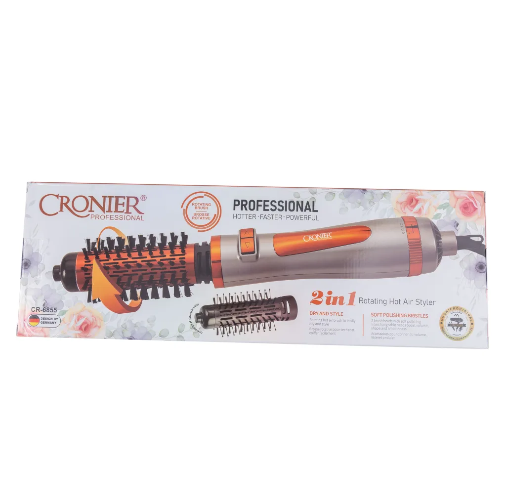 سشوار برس‌دار چرخشی 1200 وات کرونیر مدل CR-6855، موتور AC، وزن 350 گرم، المنت فلز، دارای سری برس‌دار گرد باریک، سری برس‌دار گرد پهن با ویژگی صاف‌کنندگی، حجم‌دهندگی، با قابلیت باد سرد، سیم گردان