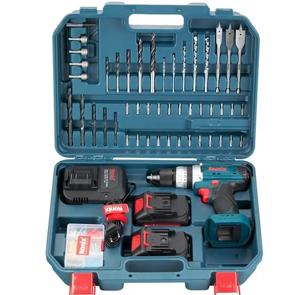 دریل چکشی سه نظام 13 میلیمتری مقاوم 20 ولت رونیکس کد RS-8619 مجموعه 53 عددی